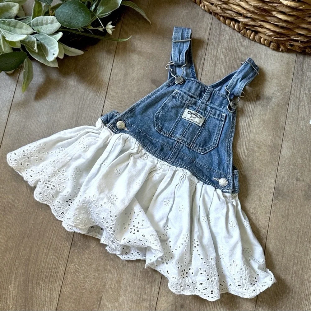 OshKosh B'gosh Blue and White Denim Eyelet Overalls Jumper Dress 18m Girl